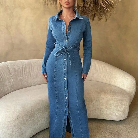 Blue Casual Womens Button Front Belted Denim Dress - Picture 3 of 4